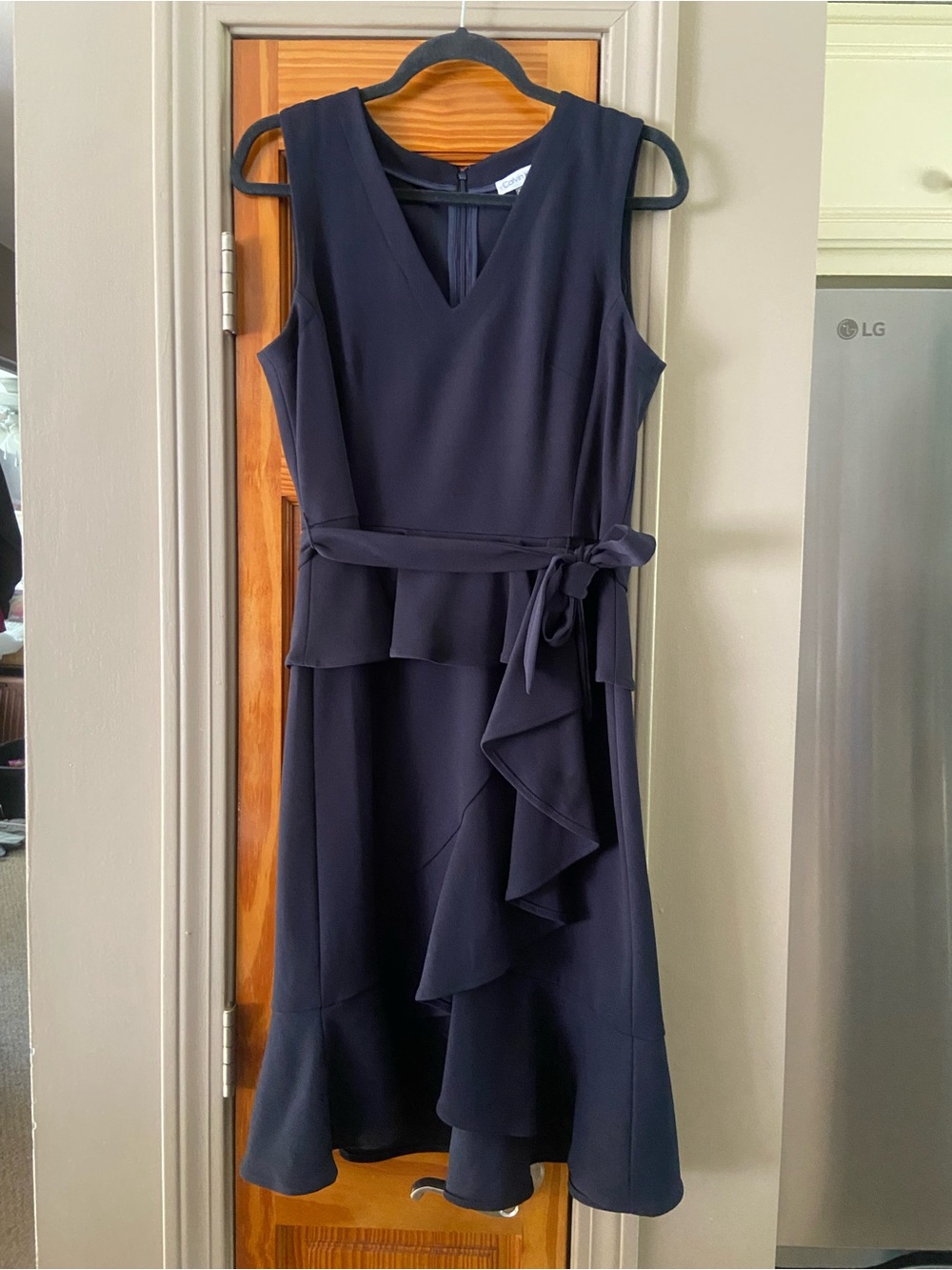 Calvin Klein Navy Sleeveless V-Neck Ruffle Tie-Waist Dress